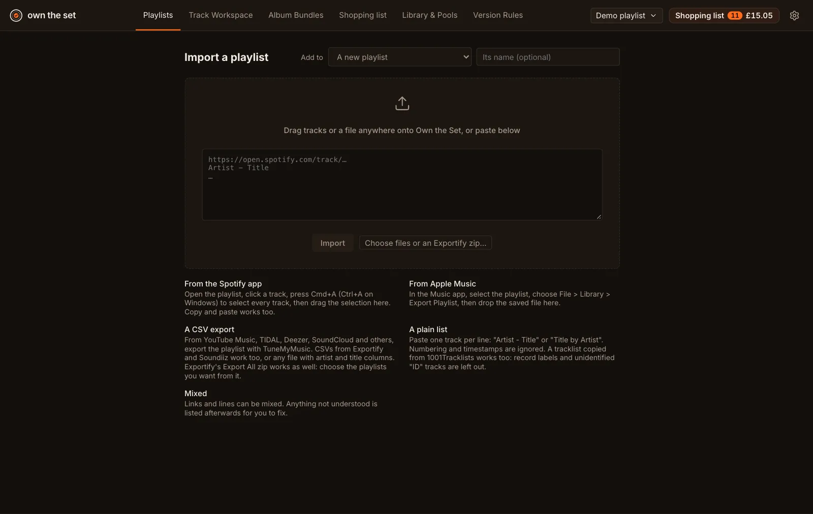 The Import screen: a drop area, a box for links or a track list, an Add to menu, and instructions for each source.