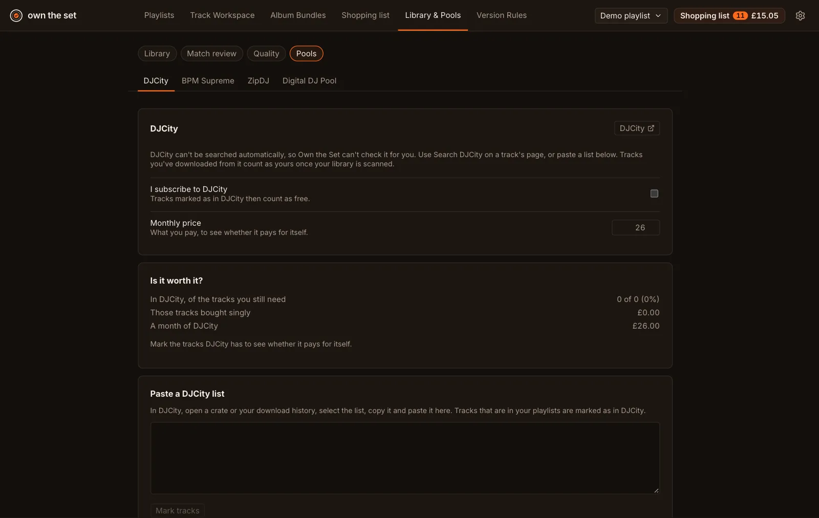 Library and Pools, Pools tab for DJCity: a subscribe switch, the monthly price, an Is it worth it? summary and a box to paste a DJCity list.