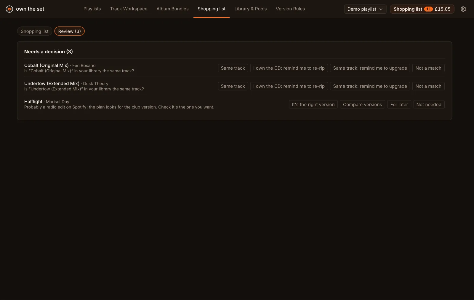 The Review tab listing tracks that need a decision, each with its choices.