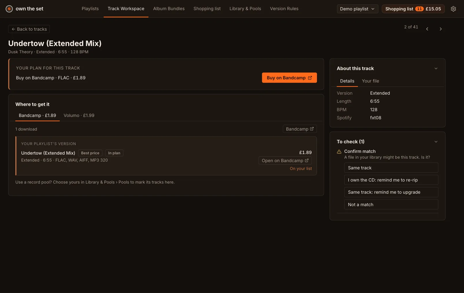 A track page: Your plan for this track says buy on Bandcamp in FLAC for 1.89 pounds, with tabs for Bandcamp and Volumo below and a To check panel on the right.