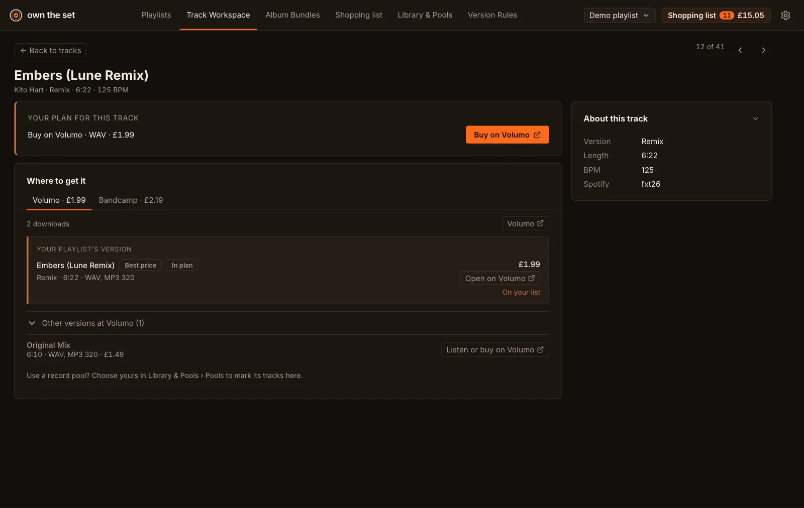 A track page for Embers (Lune Remix): the Volumo tab highlights the Lune Remix as your playlist's version, with Other versions at Volumo opened below, listing the Original Mix with a Listen or buy on Volumo button.