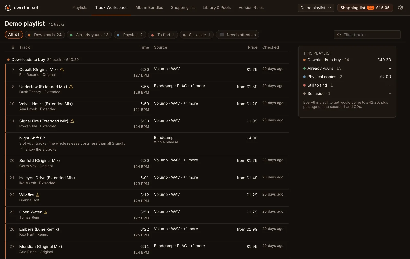 Track Workspace with the demo playlist: tracks grouped into Downloads to buy, each with its store, format and price, and the playlist's totals beside them.